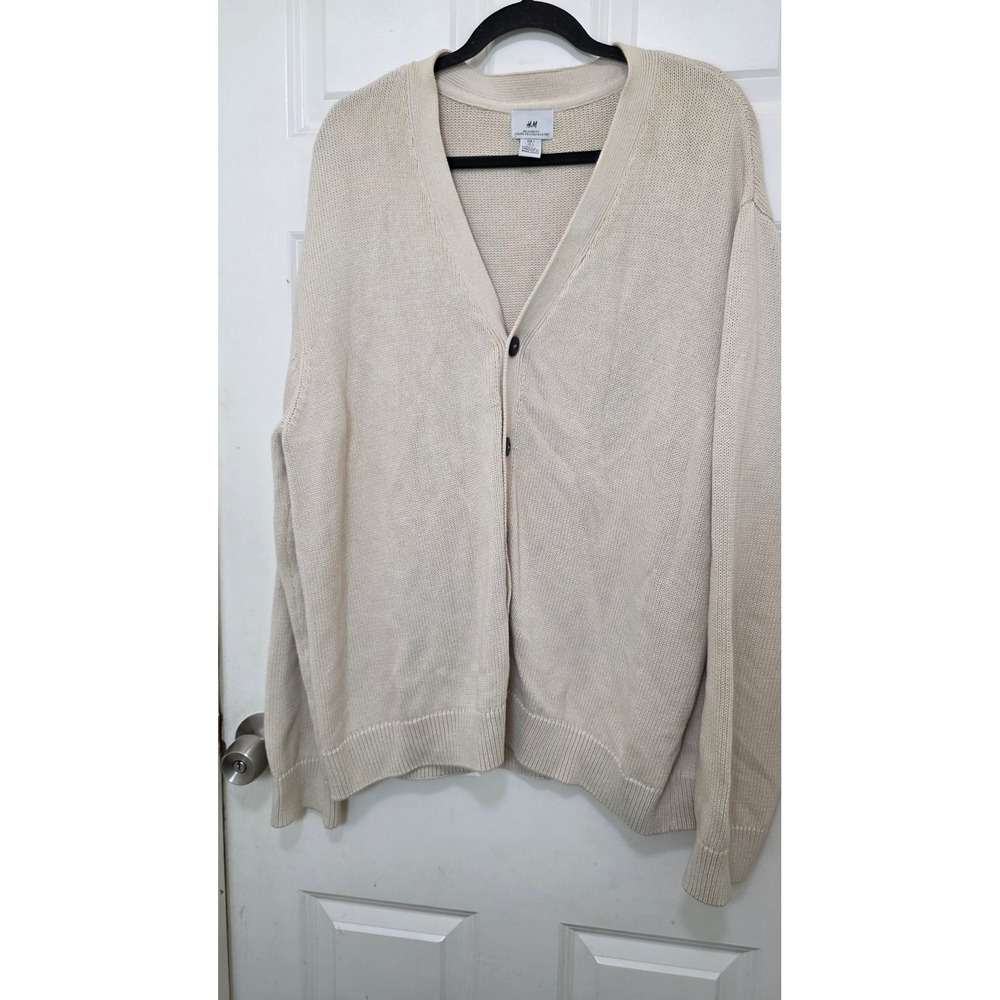 H&M Cardigan Sweater Men's L Beige Relaxed Fit Cotton V-Neck Button Front‎